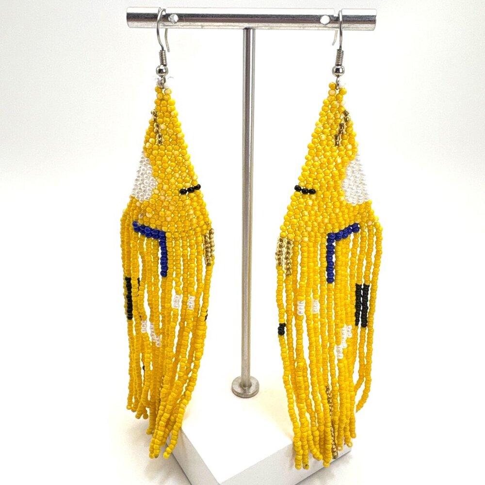 Silver Tone Yellow Blue White Beaded Large Dangle Earrings Size 5" Length